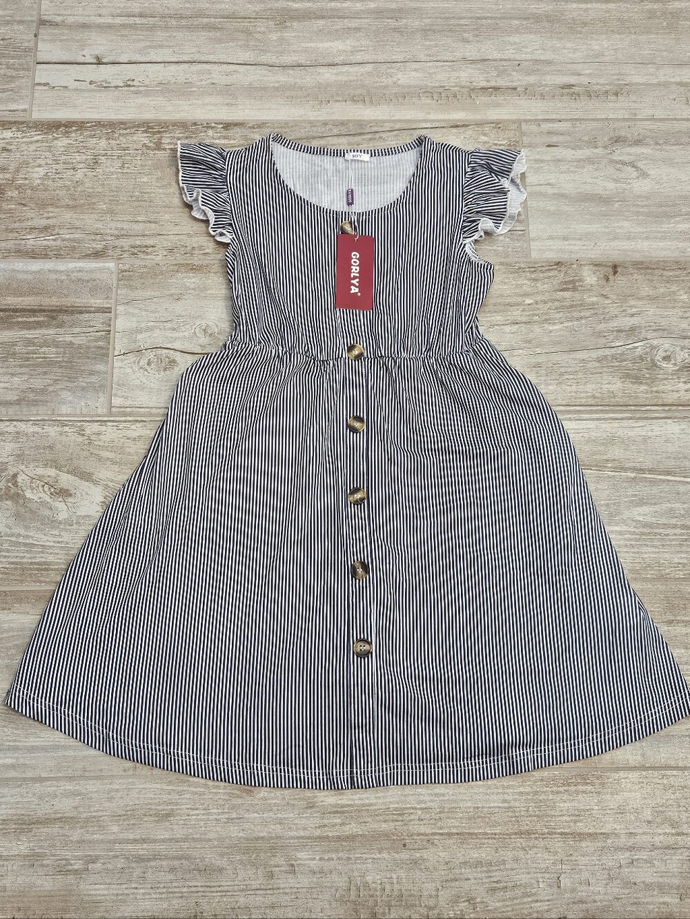 Gorlya Girls Navy White Striped Ruffle Sleeve Pocket Dress Size 10Y NWT